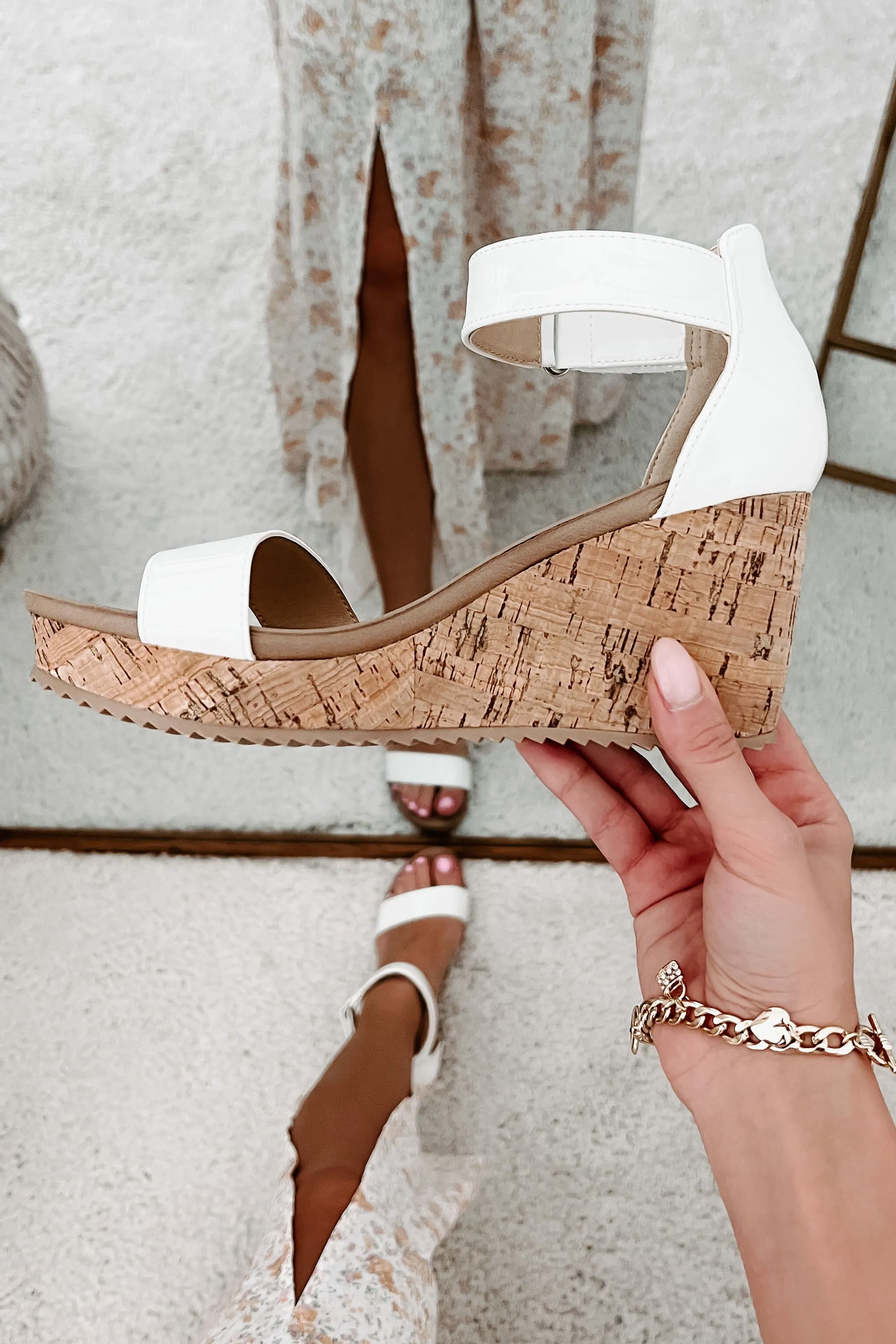 Avalon Patent Leather Cork Wedge Sandals (Patent White)