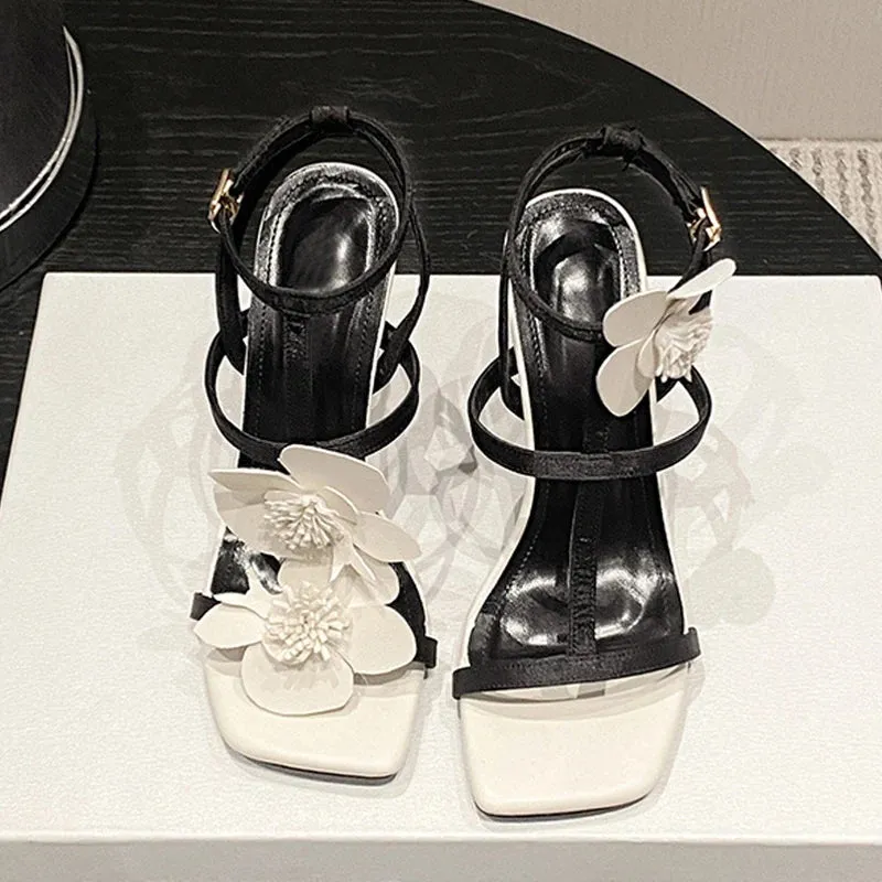 Black & White flower Square Toe P High Heel Sandals