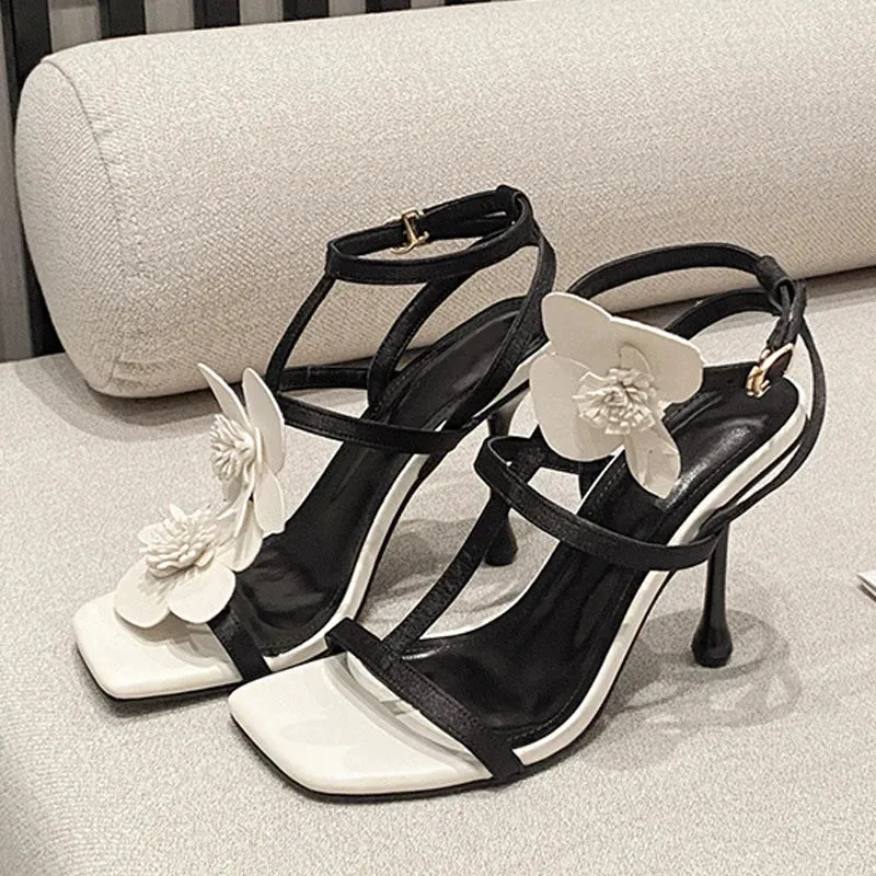 Black & White flower Square Toe P High Heel Sandals