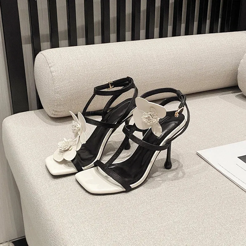 Black & White flower Square Toe P High Heel Sandals