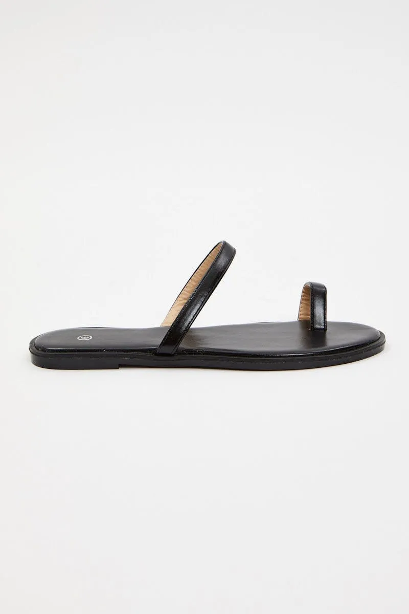 Black Faux Leather Minimal Flat Slides