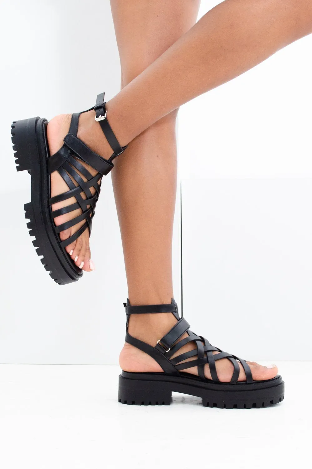 Block Heel Strappy Womens Black Sandal