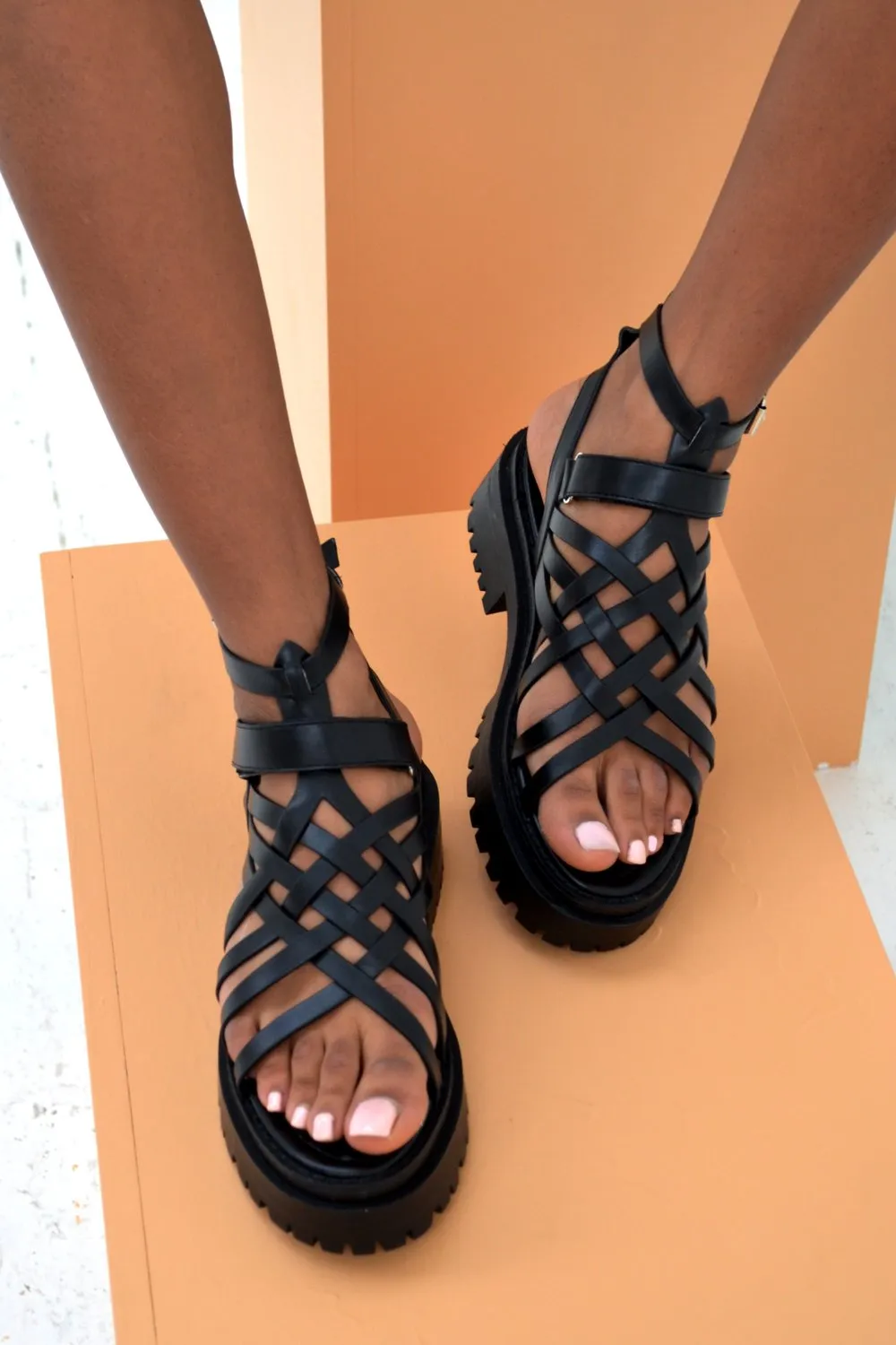 Block Heel Strappy Womens Black Sandal