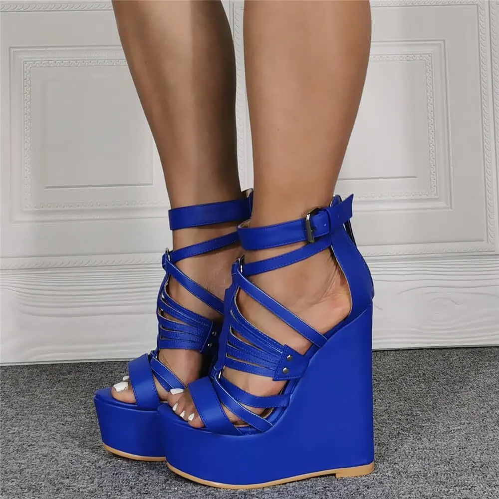 Blue PU Platform Wedge Open Toe Sandals