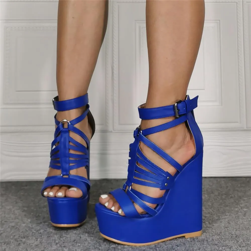 Blue PU Platform Wedge Open Toe Sandals