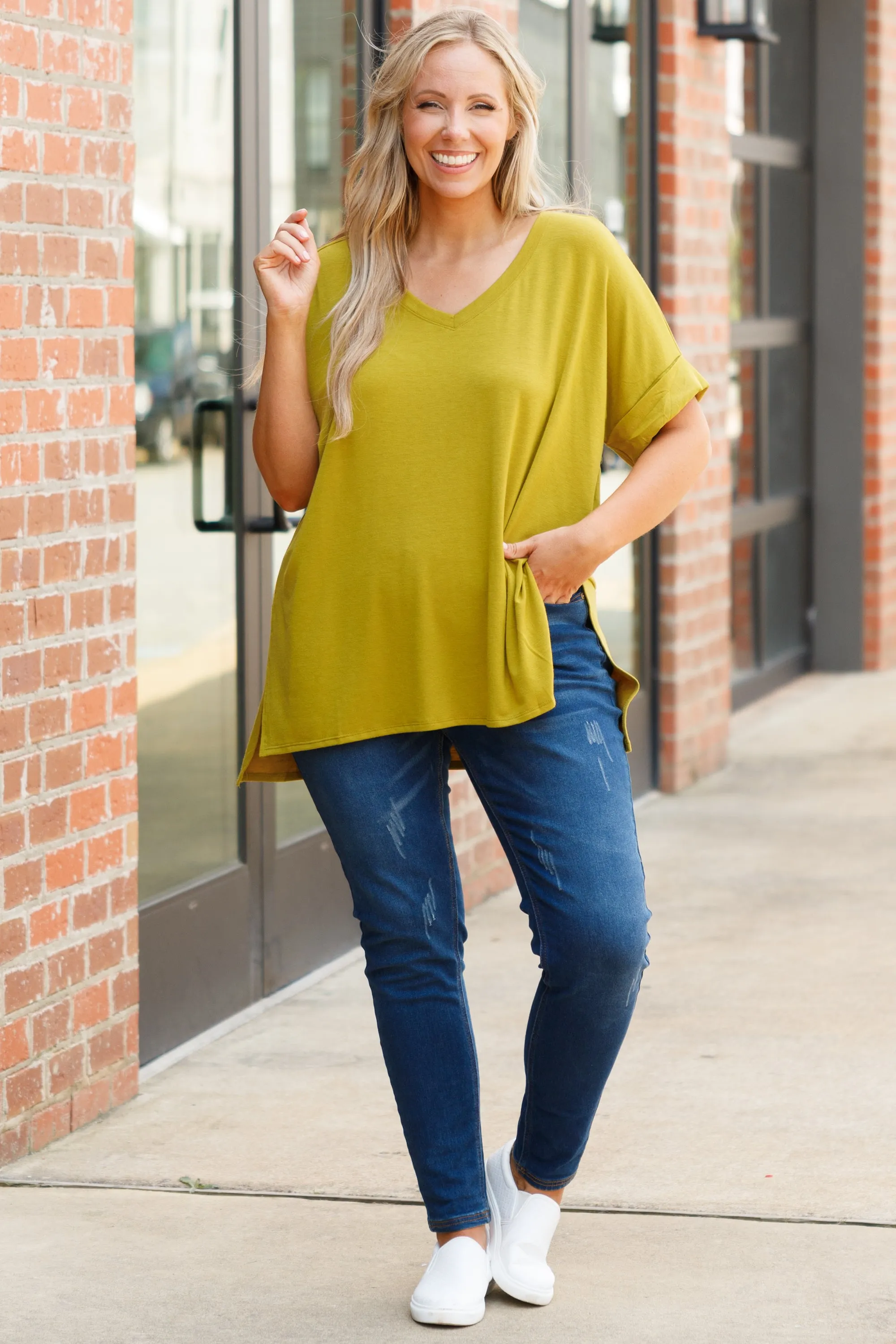 Comfy Travels Top, Olive Mustard