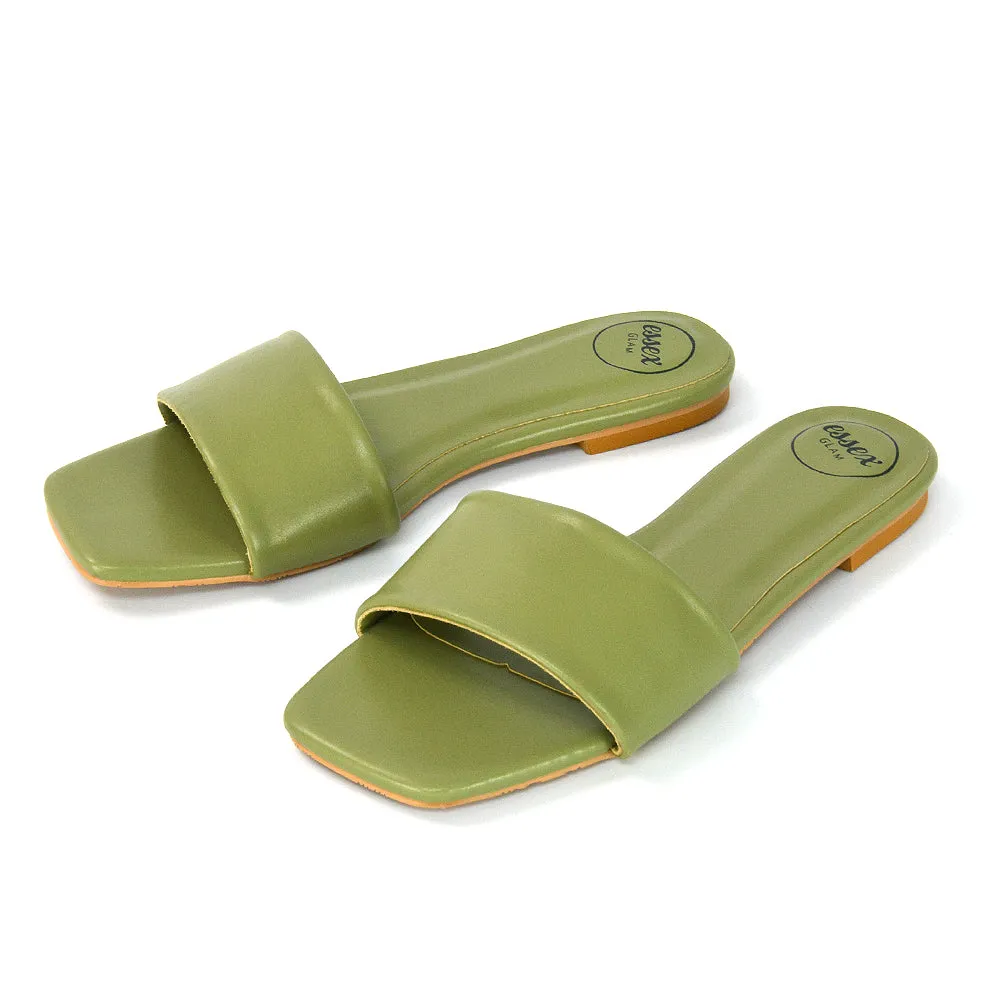 Kenna Flat Mule Strappy Square Toe Sandal Sliders in Black Synthetic Leather