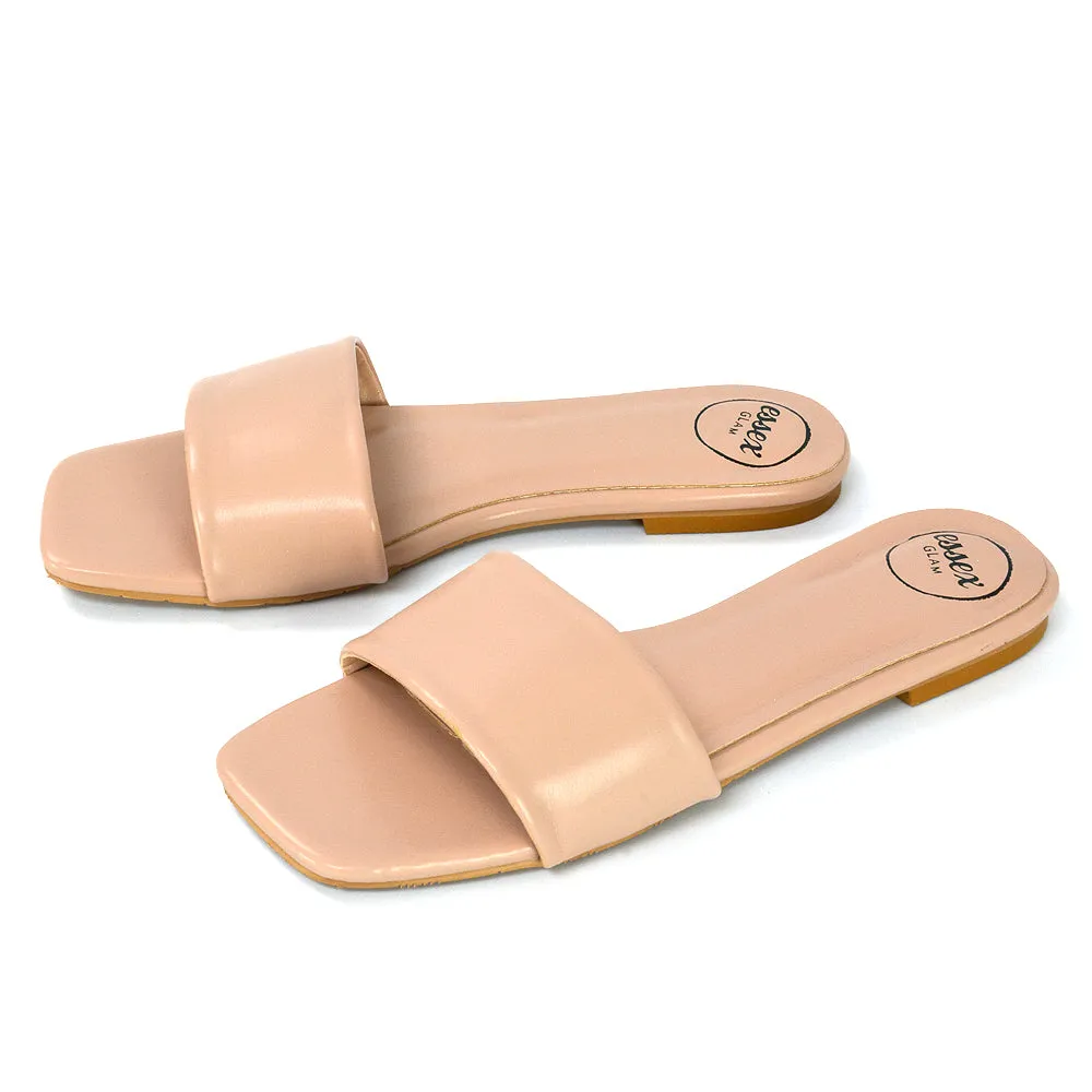 Kenna Flat Mule Strappy Square Toe Sandal Sliders in Green Synthetic Leather