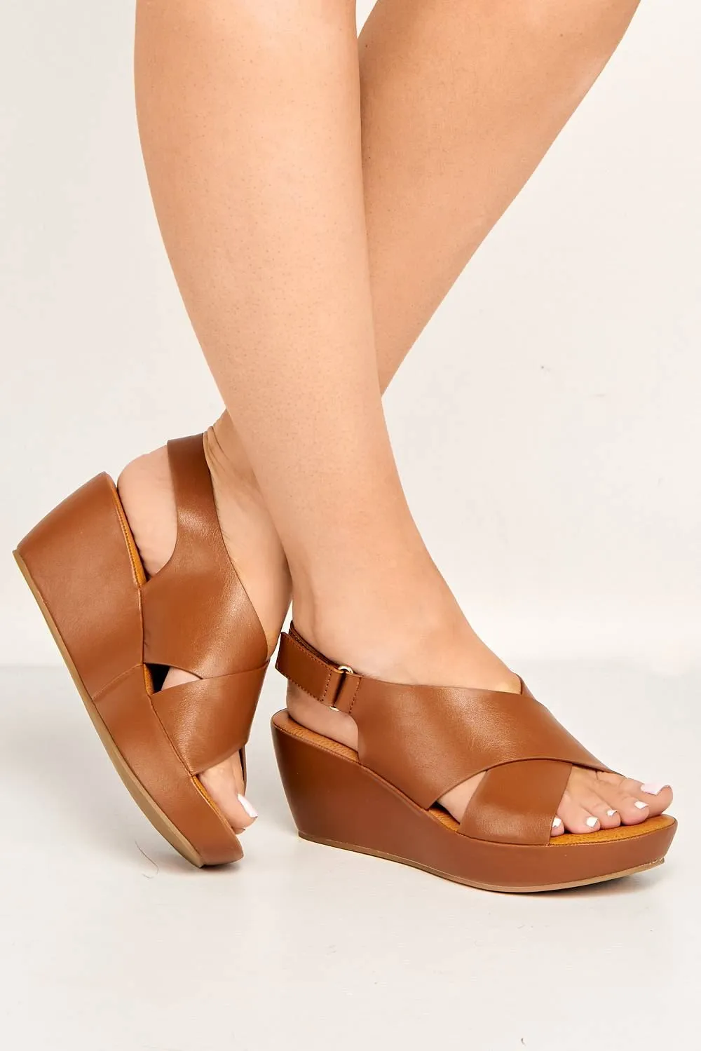 Klara Criss-Cross Straps Wedge Sandals in Tan