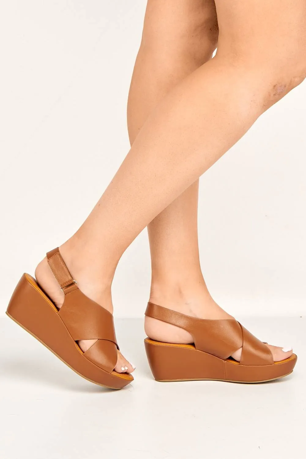 Klara Criss-Cross Straps Wedge Sandals in Tan