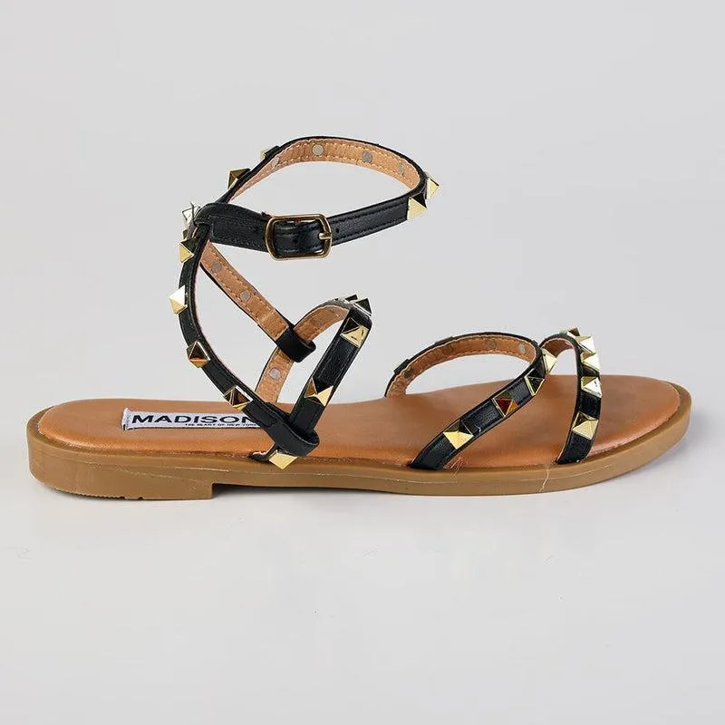 Madison Mariska Pyramid Studded Strappy Sandal - Black