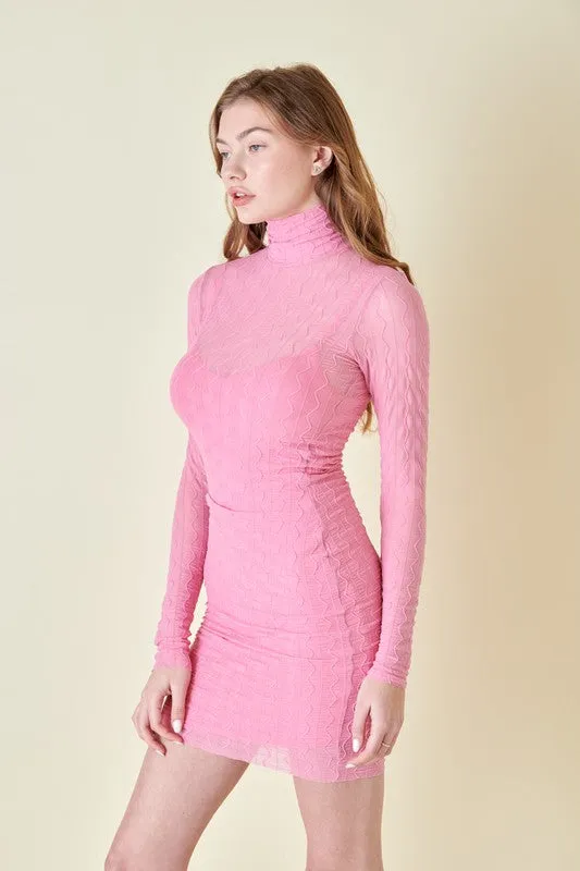 Mina Swirl Textured Mesh Sheer Mini Dress w/ Lining - Bubblegum