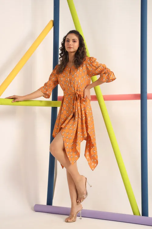 Motif on Orange Silk Mini Dress