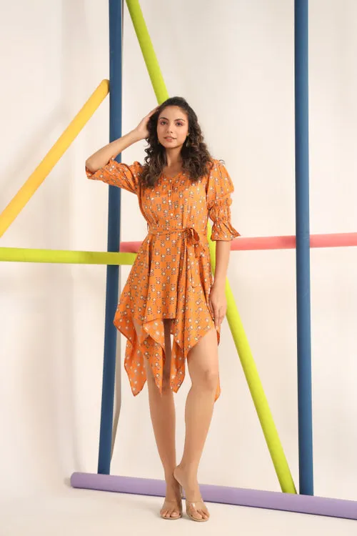 Motif on Orange Silk Mini Dress