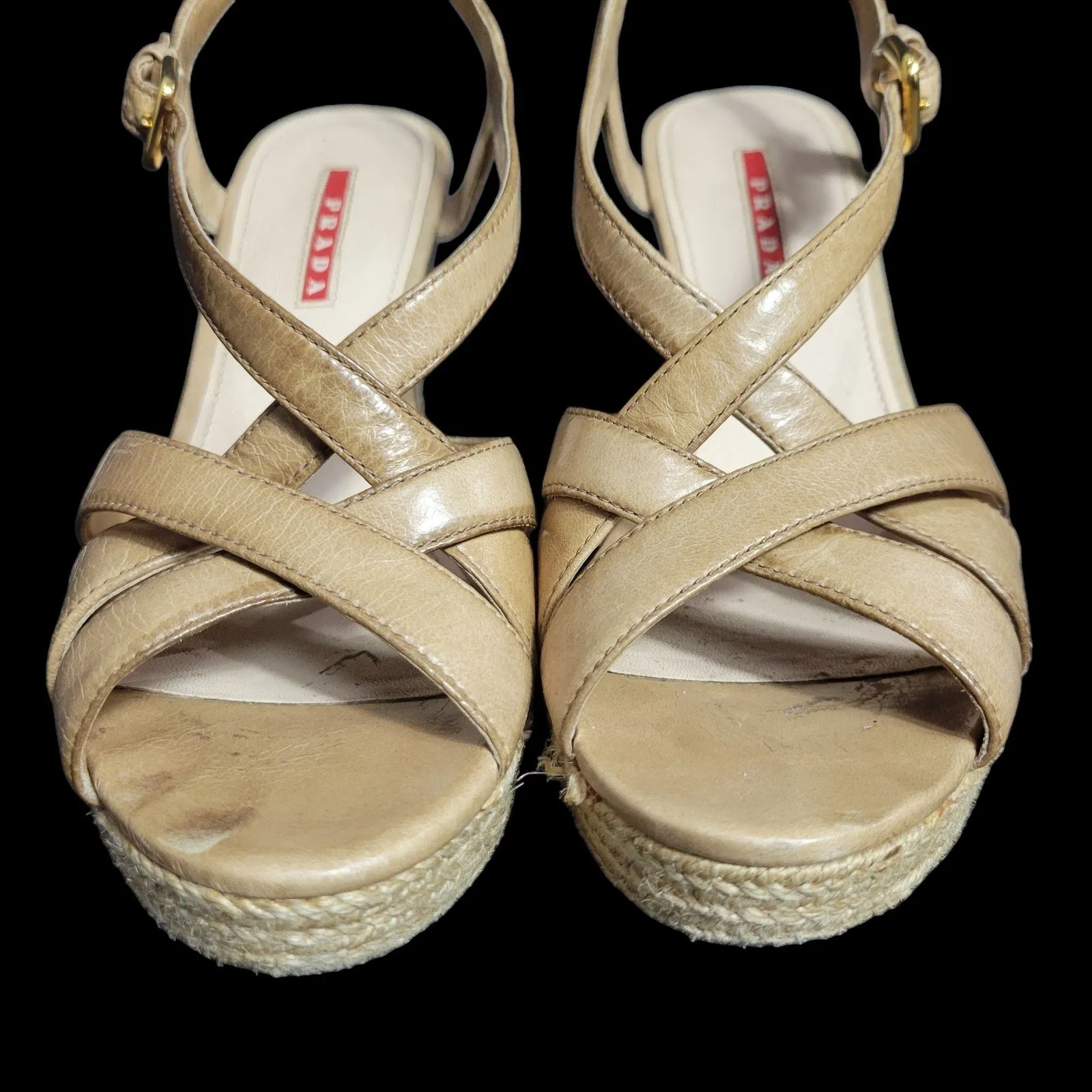 Prada Platform Sandals Tan Leather Chunky Cork Espadrille Wedge Heel Open Toe Size 9.5 39.5