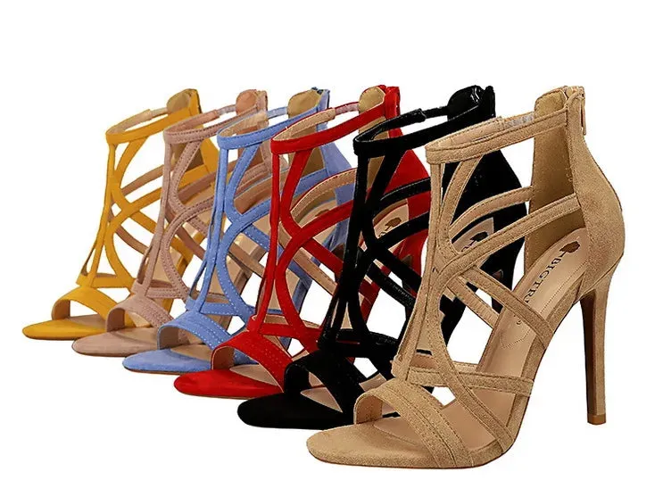 Roman Style Faux Suede Hollow Stiletto high Heels Sandal