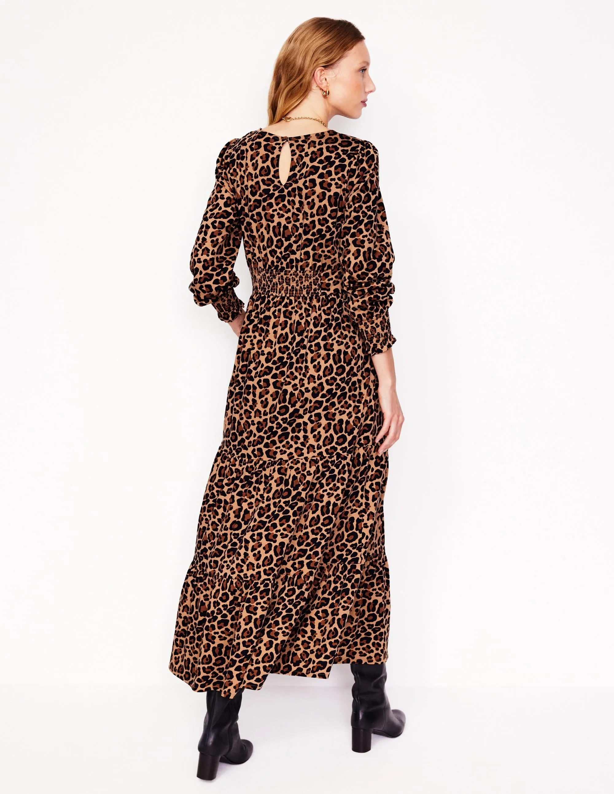 Tabitha Tiered Jersey Dress-Camel and Black, Cheetah Pop