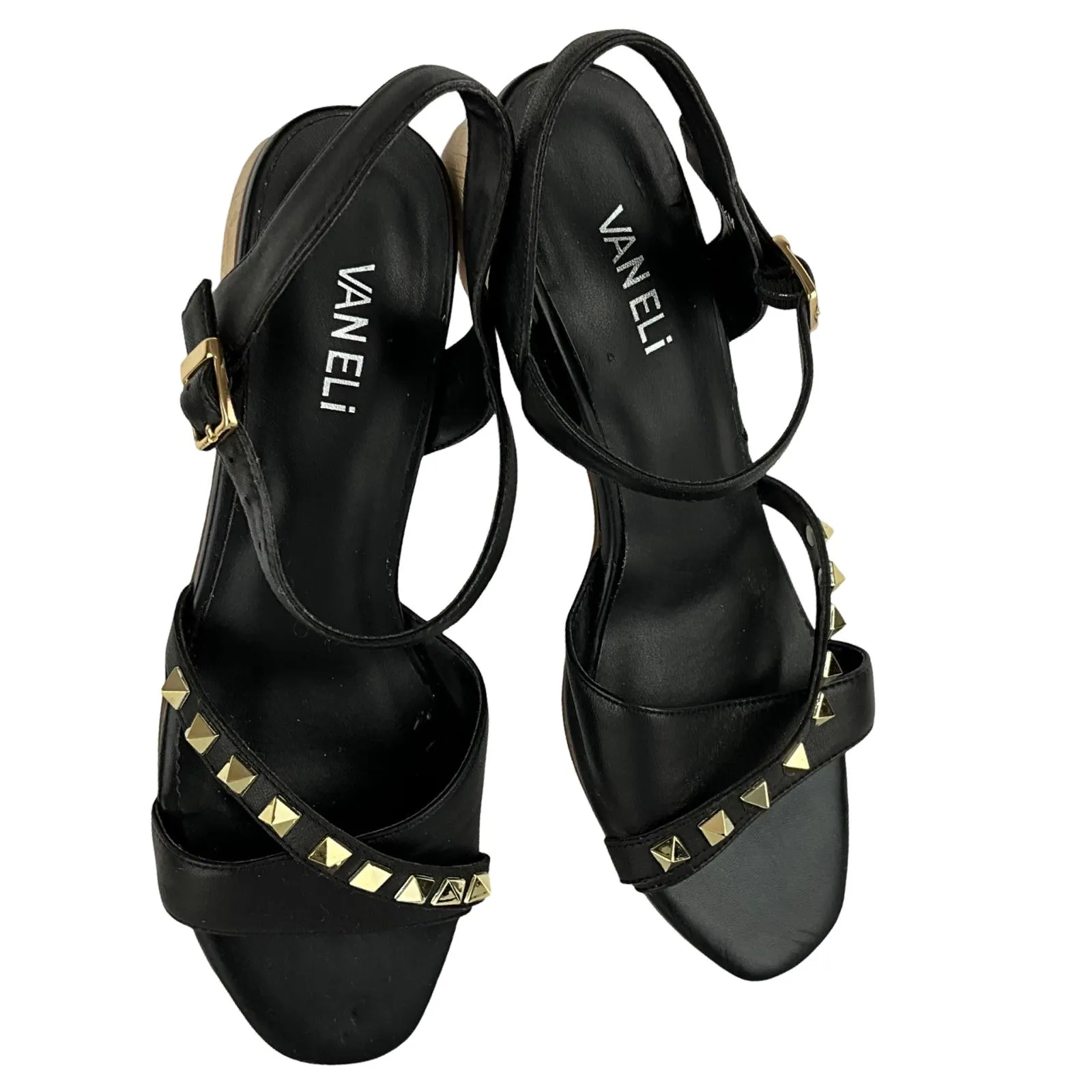 Vaneli Women's Stud Gold Details Filled Mid Top Sandals Black Sz 8.5M Pre-Owned