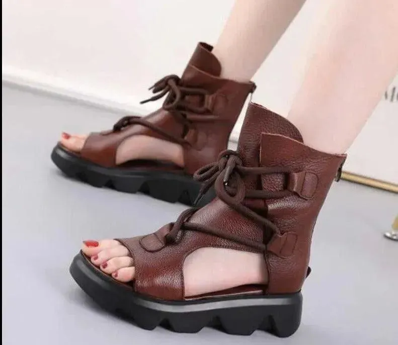 Zipper Leather Wedge Sandals