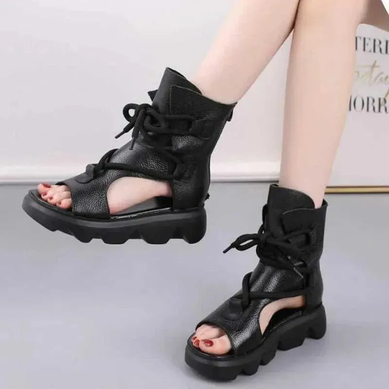 Zipper Leather Wedge Sandals